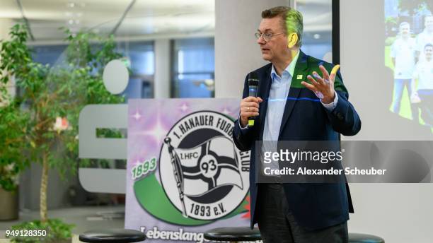 President Reinhard Grindel attends the 125th anniversary of 1. Hanauer FC on April 20, 2018 in Hanau, Germany.