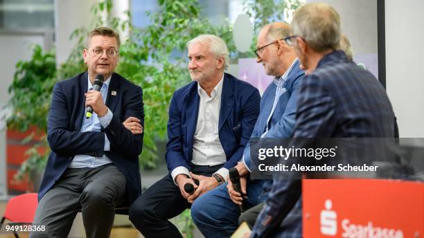 President Reinhard Grindel and Rudi Voeller attend the 125th anniversary of 1. Hanauer FC on April 20, 2018 in Hanau, Germany.