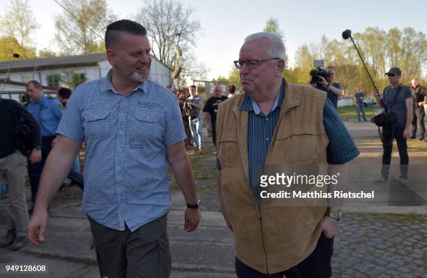 Thorsten Heise, left, leader of Thuringias NPD party, organiser of the "Shield and Sword", and Hans-Peter Fischer, right, owner of the hotel, on...
