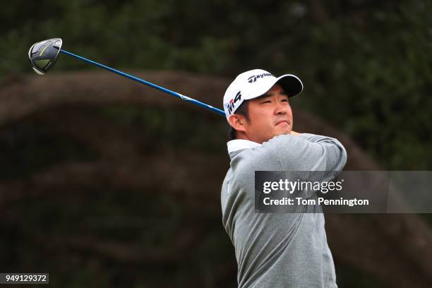 John Huh plays his shot from the 14th tee during the second round of the Valero Texas Open at TPC San Antonio AT&T Oaks Course on April 19, 2018 in...