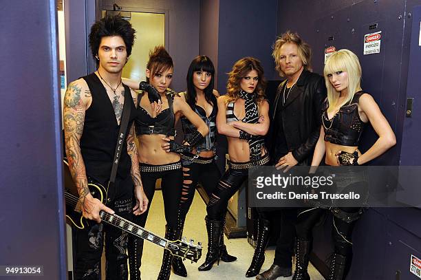 Matt Sorum and The Darling Stilettos pose for photos backstage at The Lounge at the Palms Casino Resort on December 18, 2009 in Las Vegas, Nevada.