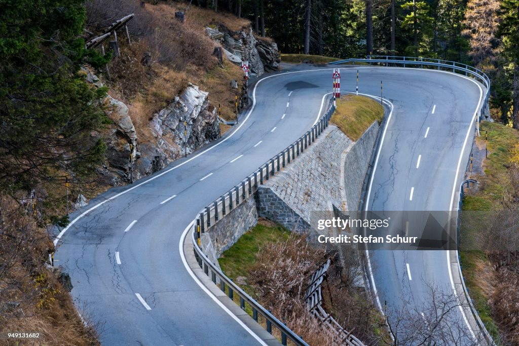 Hairpin bend, Pass road, Maloja pass, Canton Grisons, Switzerland