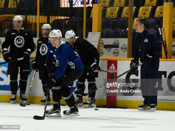 Colorado Avalanche right wing Mikko Rantanen handles the puck during practice before game five of round one of the Stanley Cup Playoffs against the...