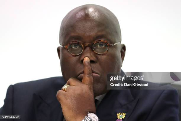 President of Ghana, Nana Akufo-Addo takes part in the final press conference of CHOGM 2018 at Marlborough House on April 20, 2018 in London, England.