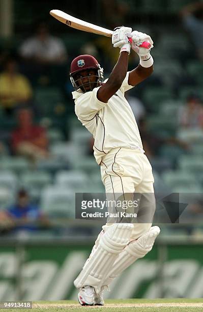 Dwayne Bravo of the West Indies plays a cut shot during day four of the Third Test match between Australia and the West Indies at WACA on December...