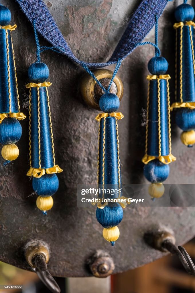 Passementerie, five finished Empire fringes, blue, gold, decorated with spun vellum flowers, attached to crepine or woven border, Munich, Bavaria, Germany