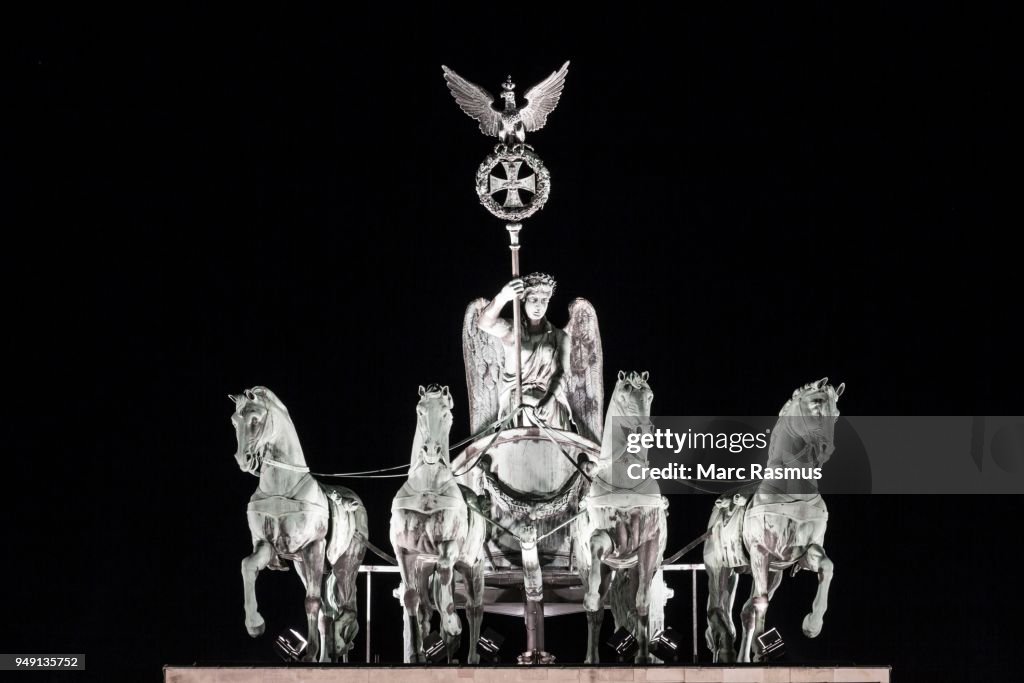 Quadriga on Brandenburg Gate at night, Berlin, Germany