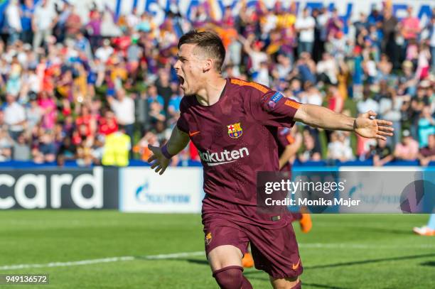 Carles Perez of FC Barcelona celebrate his goal during the semi-final football match between Manchester City and FC Barcelona of UEFA Youth League at...