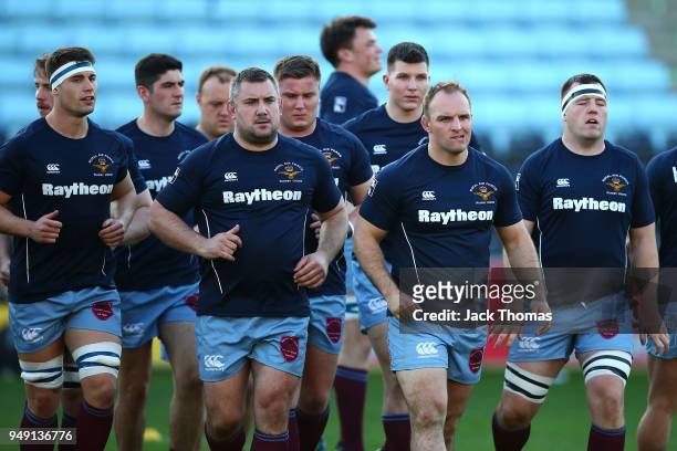 Royal Air Force Seniors warm up at Twickenham Stoop on April 20, 2018 in London, England.