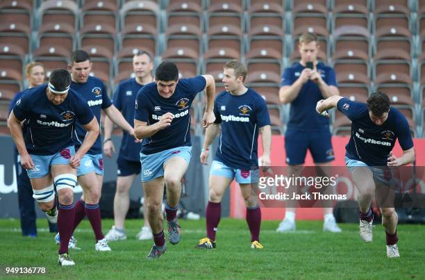 Royal Air Force Seniors warm up at Twickenham Stoop on April 20, 2018 in London, England.