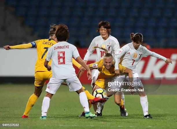 Tameka Butt of Australia and Emi Nakajima of Japan in action during the AFC Women's Asian Cup final between Japan and Australia at the Amman...