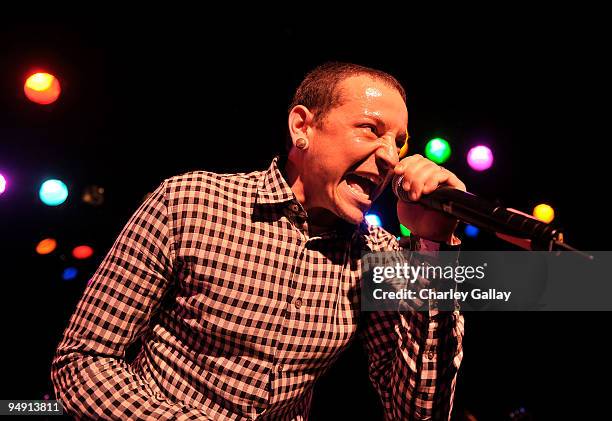 Musician Chester Bennington performs at Camp Freddy and Friends presented by Onitsuka Tiger at The Roxy Theatre on December 19, 2009 in Hollywood,...