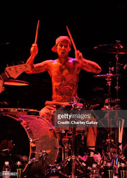 Musician Travis Barker performs at Camp Freddy and Friends presented by Onitsuka Tiger at The Roxy Theatre on December 19, 2009 in Hollywood,...