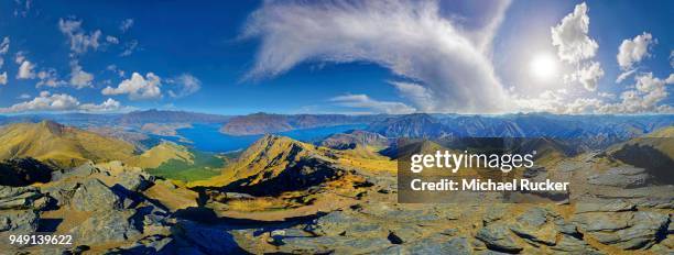 360 panoramic view from summit of ben lomond, lake wakatipu, queenstown, otago region, south island, new zealand - region otago stock pictures, royalty-free photos & images