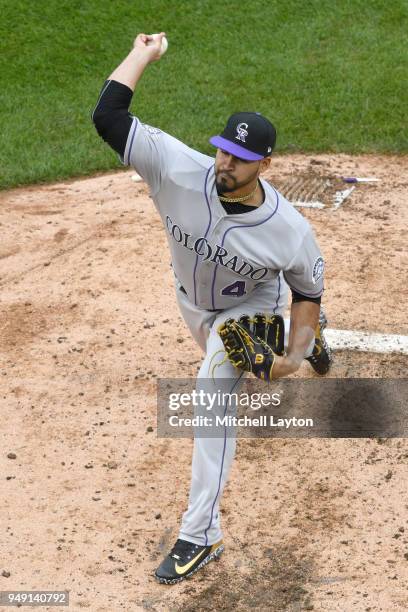 Antonio Senzatela of the Colorado Rockies pitches during a baseball game against the Washington Nationals at Nationals Park on April 15, 2018 in...