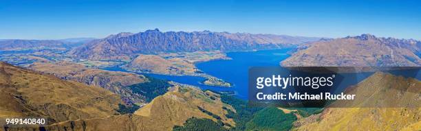 panoramic view from summit of ben lomond, lake wakatipu, the remarkables, queenstown, otago region, south island, new zealand - region otago stock pictures, royalty-free photos & images