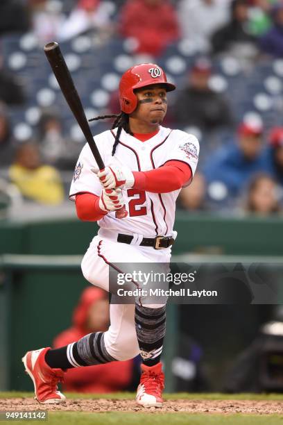 Wilmer Difo of the Washington Nationals takes a swing during a baseball game against the Colorado Rockies at Nationals Park on April 15, 2018 in...