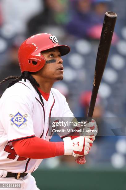 Wilmer Difo of the Washington Nationals takes a swing during a baseball game against the Colorado Rockies at Nationals Park on April 15, 2018 in...