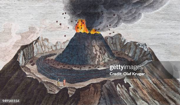 illustrazioni stock, clip art, cartoni animati e icone di tendenza di active volcano vesuvius, hand-coloured copperplate engraving from friedrich justin bertuch picture book for children, weimar, 1798 - mt vesuvius