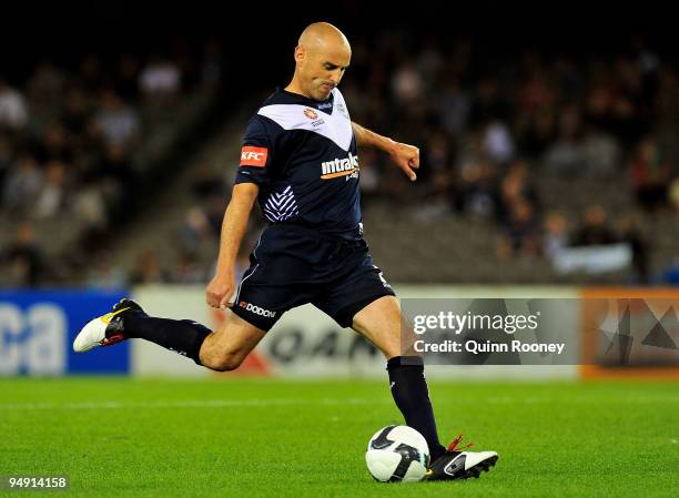 Kevin Muscat of the Victory kicks the ball during the round 20 A-League match between the Melbourne Victory and Sydney FC at Etihad Stadium on...