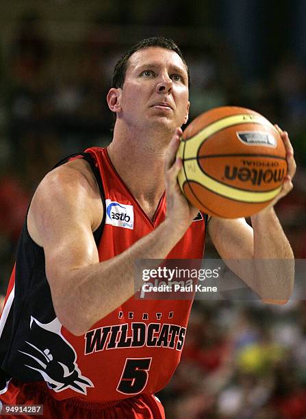 Martin Cattalini of the Wildcats shoots a free throw during the round 13 NBL match between the Perth Wildcats and the Adelaide 36ers at Challenge...