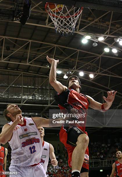 Stephen Weigh of the Wildcats lays up during the round 13 NBL match between the Perth Wildcats and the Adelaide 36ers at Challenge Stadium on...