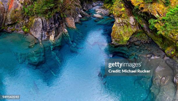 blue pools, rock pools filled from makarora river, turquoise crystal clear water, wanaka, otago region, south island, new zealand - region otago stock pictures, royalty-free photos & images