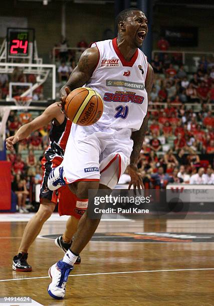 John Gilchrist of the 36'ers celebrates a steal in the final minute during the round 13 NBL match between the Perth Wildcats and the Adelaide 36ers...