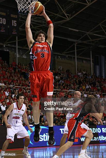 Stephen Weigh of the Wildcats pulls in a rebound during the round 13 NBL match between the Perth Wildcats and the Adelaide 36ers at Challenge Stadium...