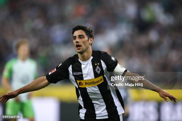 Lars Stindl of Moenchengladbach celebrates after scoring his teams first goal to make it 1-0 during the Bundesliga match between Borussia...