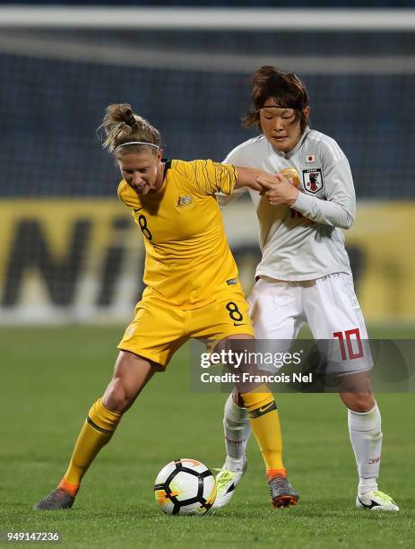 Mizuho Sakaguchi of Japan and Elise Kellond-Knight of Australia in action during the AFC Women's Asian Cup final between Japan and Australia at the...