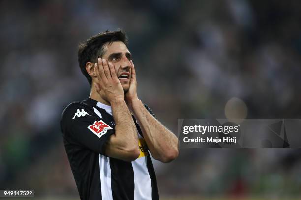 Lars Stindl of Moenchengladbach reacts during the Bundesliga match between Borussia Moenchengladbach and VfL Wolfsburg at Borussia-Park on April 20,...