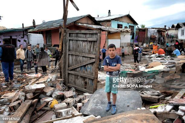 Child standing among the debris after homes were razed in a Roma quarter of Sofia. At least 20 homes, deemed illegal were destroyed by the local...