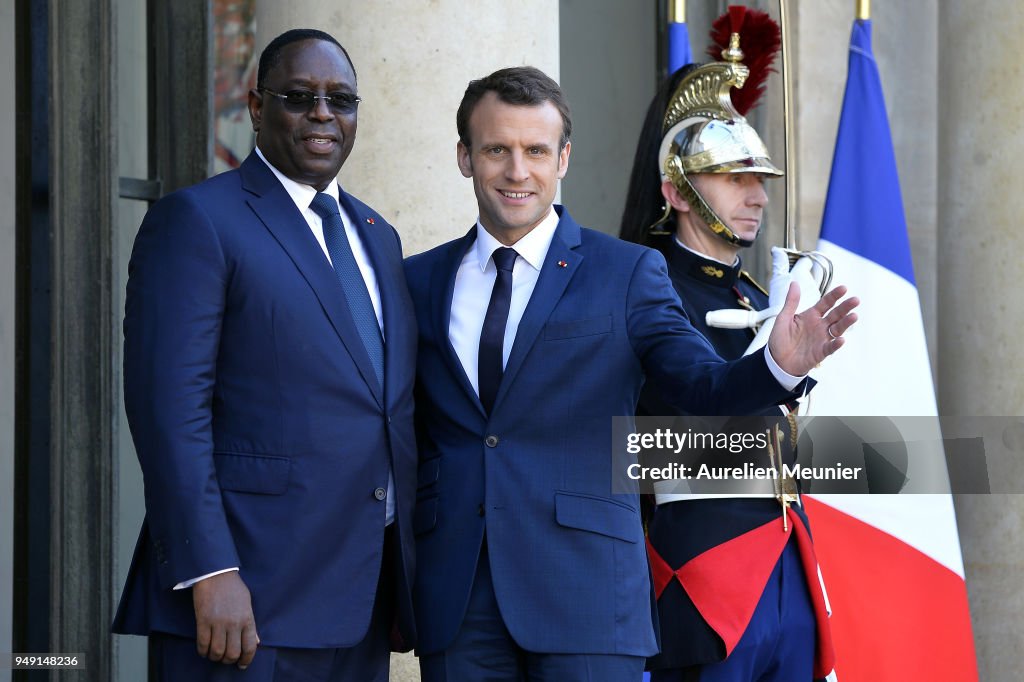 French President Emmanuel Macron Receives Senegal President Macky Sall At Elysee Palace In Paris