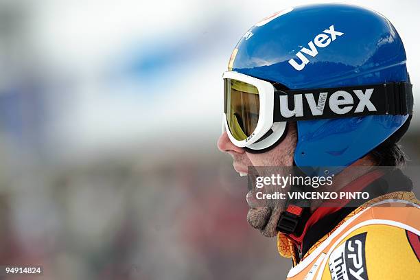 Canadian Manuel Osborne-Paradis reacts in the finish area after winning the men's World Cup downhill race in Val Gardena on December 19, 2009....