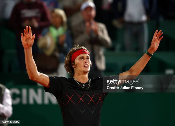 Alexander Zverev of Germany celebrates defeating Richard Gasquet of France during day six of the ATP Masters Series Monte Carlo Rolex Masters at...