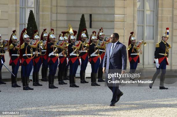 Senegal President Macky Sall arrives for a meeting with French President Emmanuel Macron at Elysee Palace on April 20, 2018 in Paris, France. Senegal...