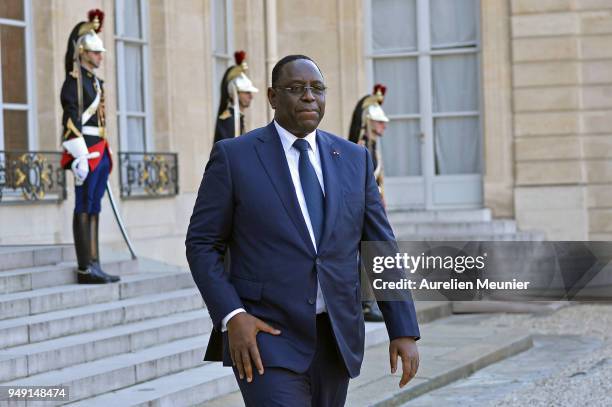 Senegal President Macky Sall speaks to the press after a meeting with French President Emmanuel Macron at Elysee Palace on April 20, 2018 in Paris,...