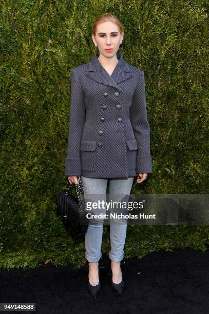 Zosia Mamet wore a navy and grey wool drill jacket, look 14, from the Metiers d'Art Paris-Hamburg 2017/18 Collection at the CHANEL Tribeca Film...