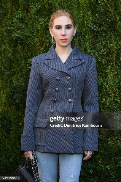 Zosia Mamet wore a navy and grey wool drill jacket, look 14, from the Metiers d'Art Paris-Hamburg 2017/18 Collection at the CHANEL Tribeca Film...