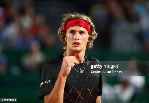 Alexander Zverev of Germany celebrates defeating Richard Gasquet of France during day six of the ATP Masters Series Monte Carlo Rolex Masters at...