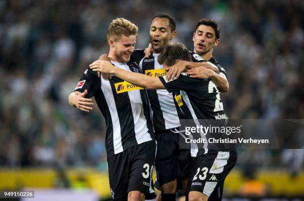 Raffael, Jonas Hofmann, Nico Elvedi and Lars Stindl of Borussia Moenchengladbach celebrate the second goal during the Bundesliga match between...