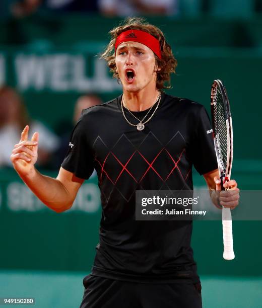 Alexander Zverev of Germany celebrates in his match against Richard Gasquet of France during day six of the ATP Masters Series Monte Carlo Rolex...