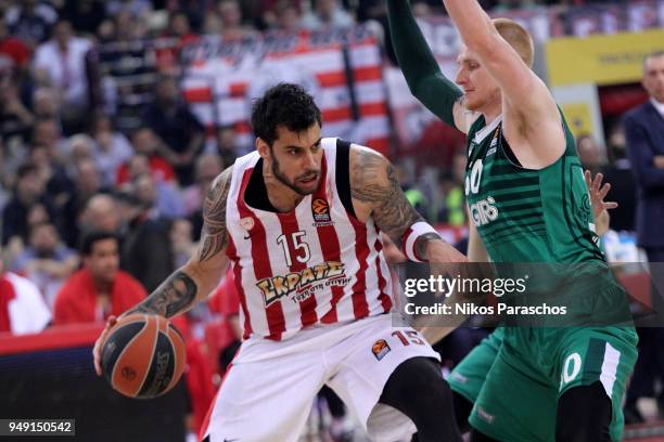 Georgios Printezis, #15 of Olympiacos Piraeus competes with during the Turkish Airlines Euroleague Play Offs Game 2 between Olympiacos Piraeus v...