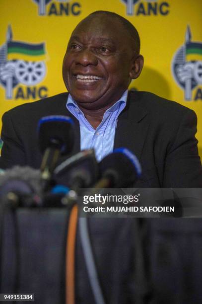 South African President Cyril Ramaphosa addresses the media after a meeting on April 20 as protest continued for a second day in the South African...