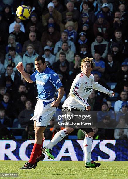 Tal Ben Haim of Portsmouth in action against Fernando Torres of Liverpool during the Barclays Premier League match between Portsmouth and Liverpool...