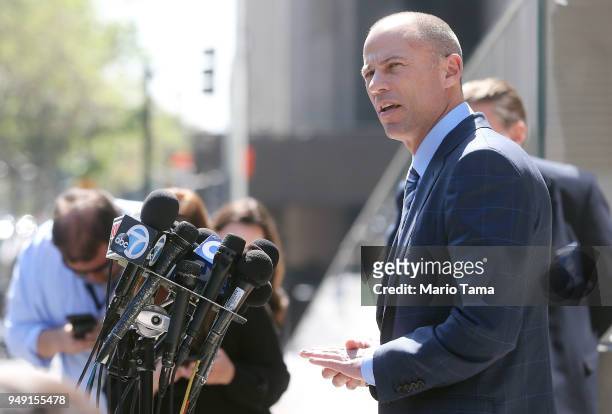 Michael Avenatti, attorney for Stephanie Clifford, also known as adult film actress Stormy Daniels, speaks to reporters as he leaves the U.S....