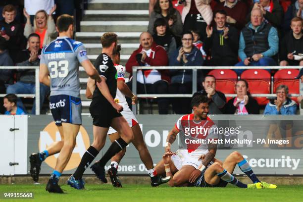 St Helens' Ben Barba celebrates after scoring a try during the Betfred Super League match at the Totally Wicked Stadium, St Helens.