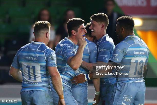 The Royal Air Force Seniors celebrate the teams second try at Twickenham Stoop on April 20, 2018 in London, England.