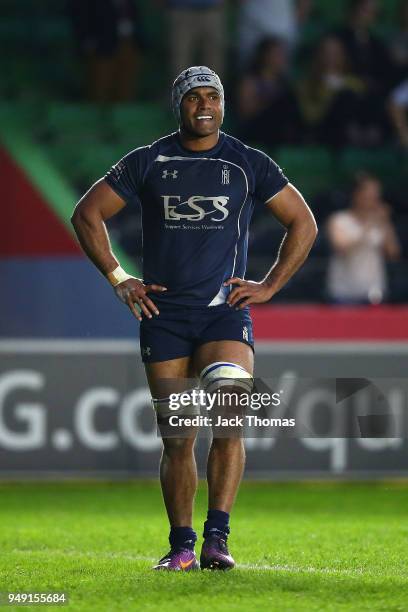 Sam Matavesi of the Royal Navy Senior XV looks dejected after a Royal Air Force try at Twickenham Stoop on April 20, 2018 in London, England.